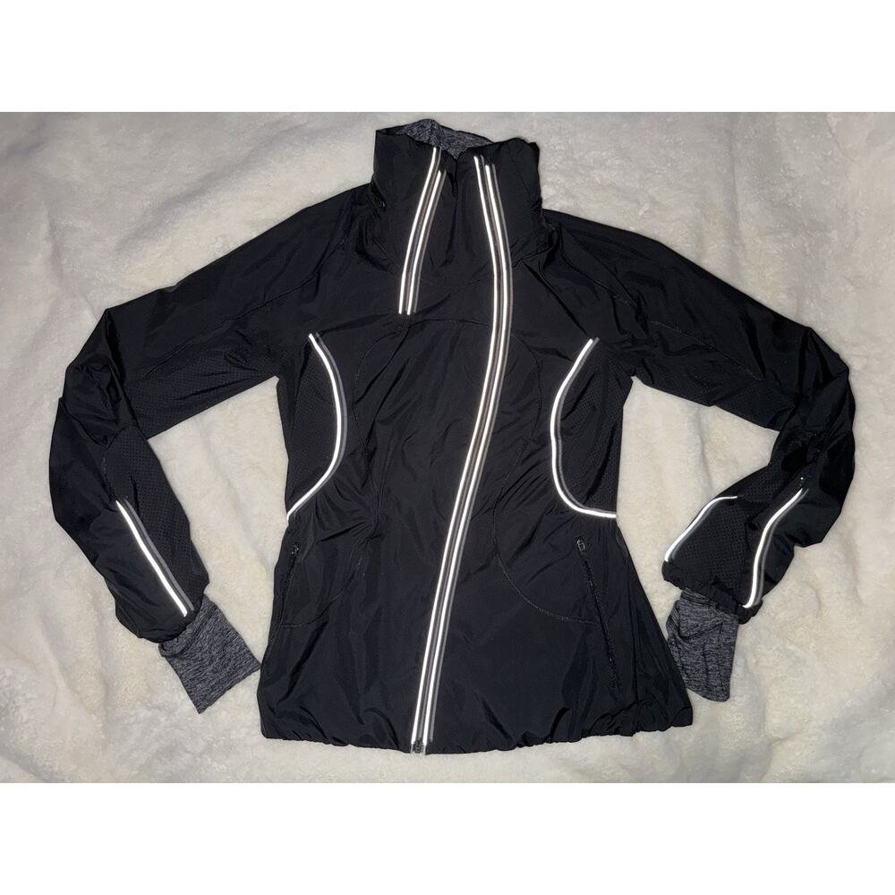 Lululemon Run Jacket Womens 4 Black Reflective Hooded Full Zip
